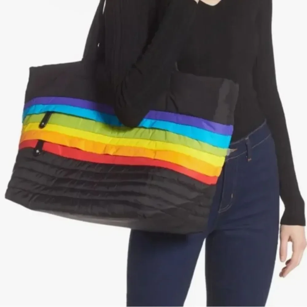 Sondra Roberts squared black rainbow puffer tote bag